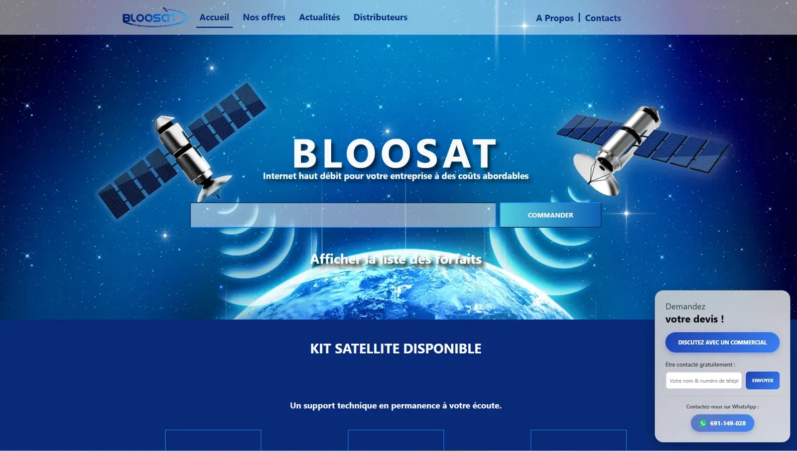 Bloosat home page: two satellites over the Earth, the tagline and a plan lookup with an order button